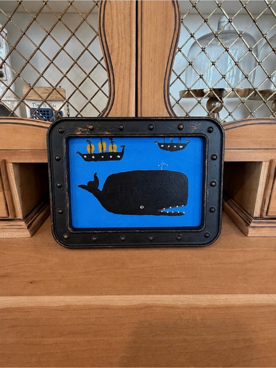 Handmade Other - Original Folk Art Whale Painting | Framed Nautical 5x7 Canvas, Classic Nantucket